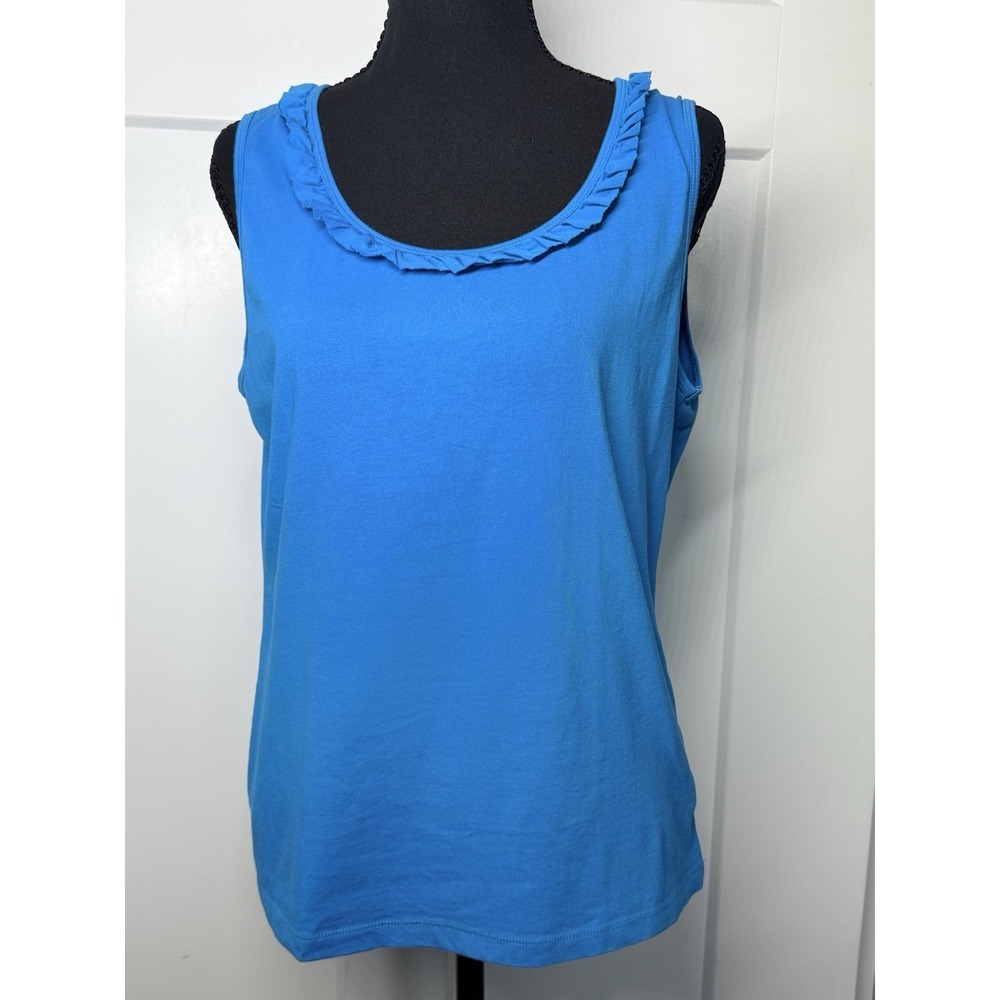 Jones New York Signature Petite PL Blue Ruffle Neck Stretch Tank Top Sleeveless